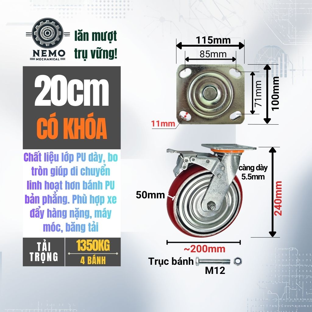 Bánh Xe PU Bo Tròn Tải Nặng – Kiểu Hàn Quốc, Xoay Hướng Linh Hoạt (D100 - D200)